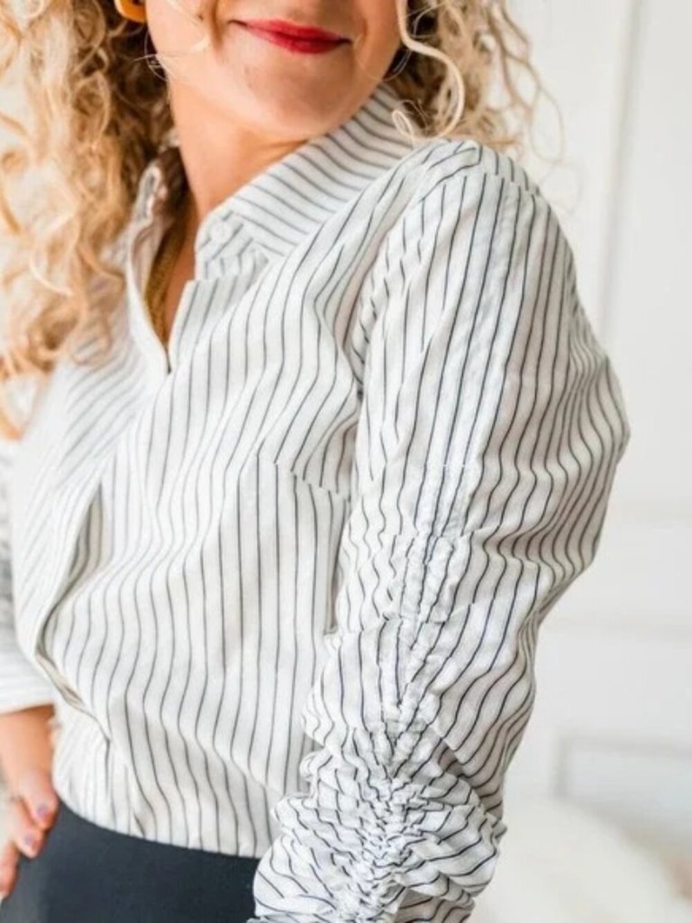 Medium CAbi Linear Striped Button Down w Cinched/Ruched Sleeves
